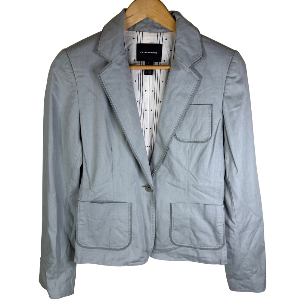 Club Monaco Blazer Size 2 Gray Cotton Blend Pockets Buttoned Sleeve Cuff Office